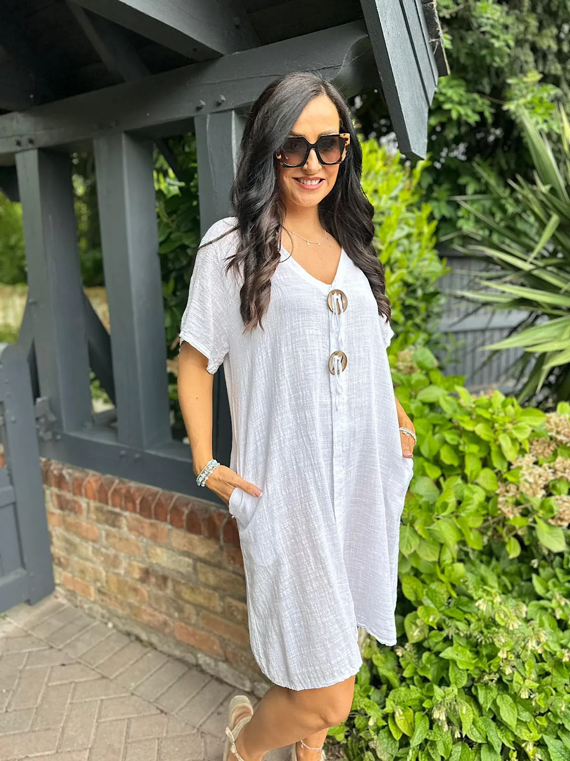 White V Neck Button Tunic Dress Sandra