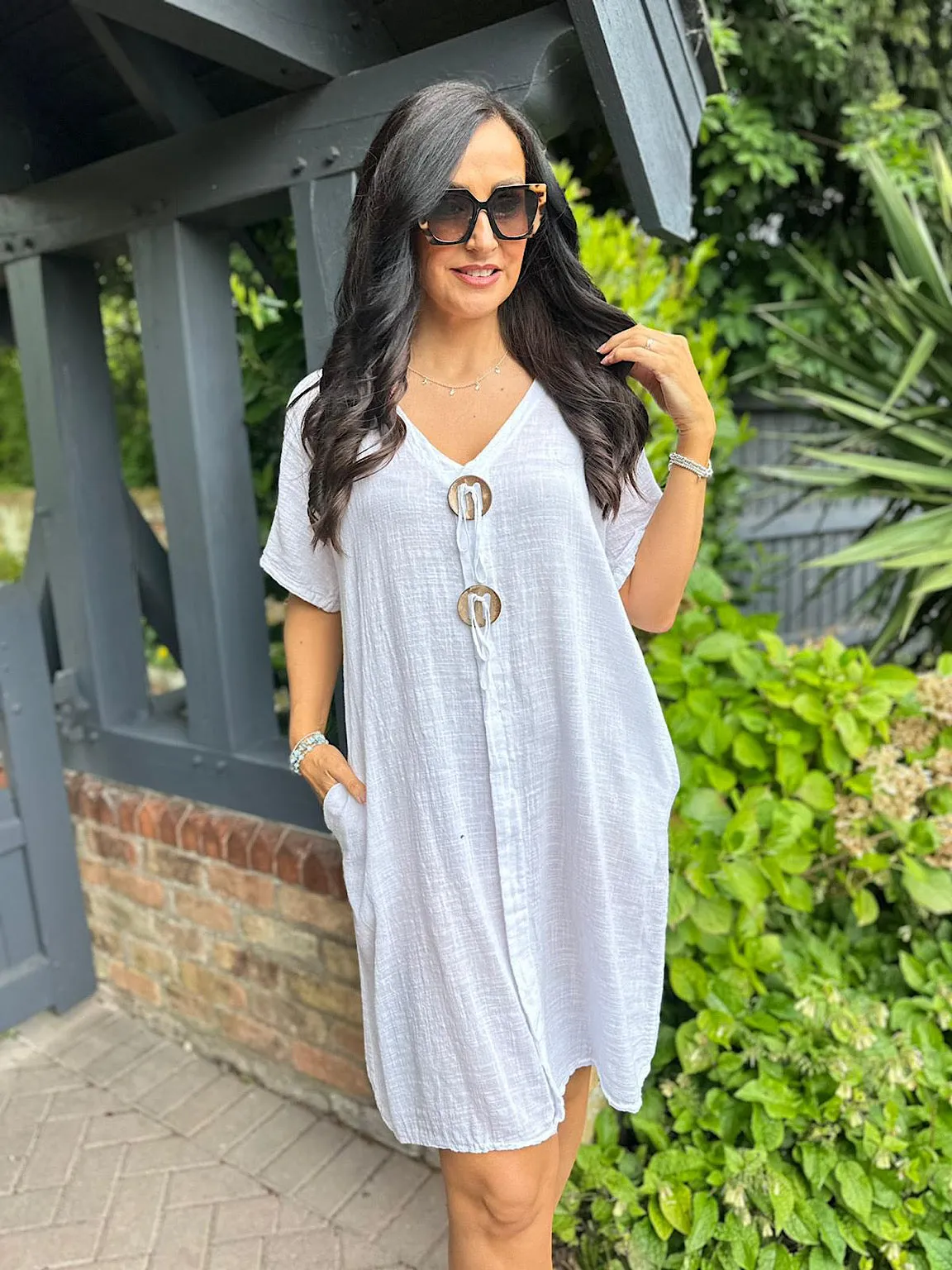 White V Neck Button Tunic Dress Sandra