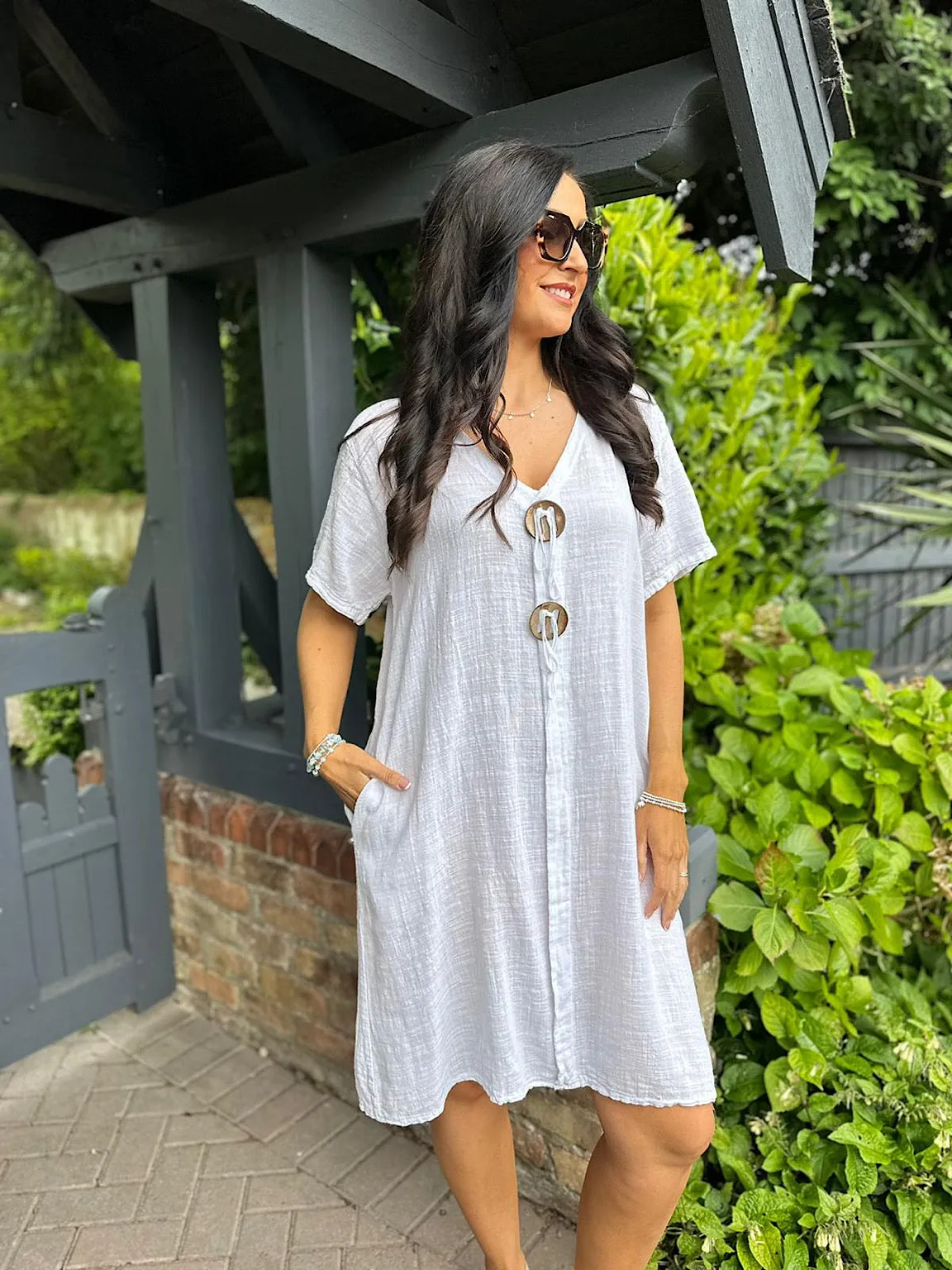 White V Neck Button Tunic Dress Sandra