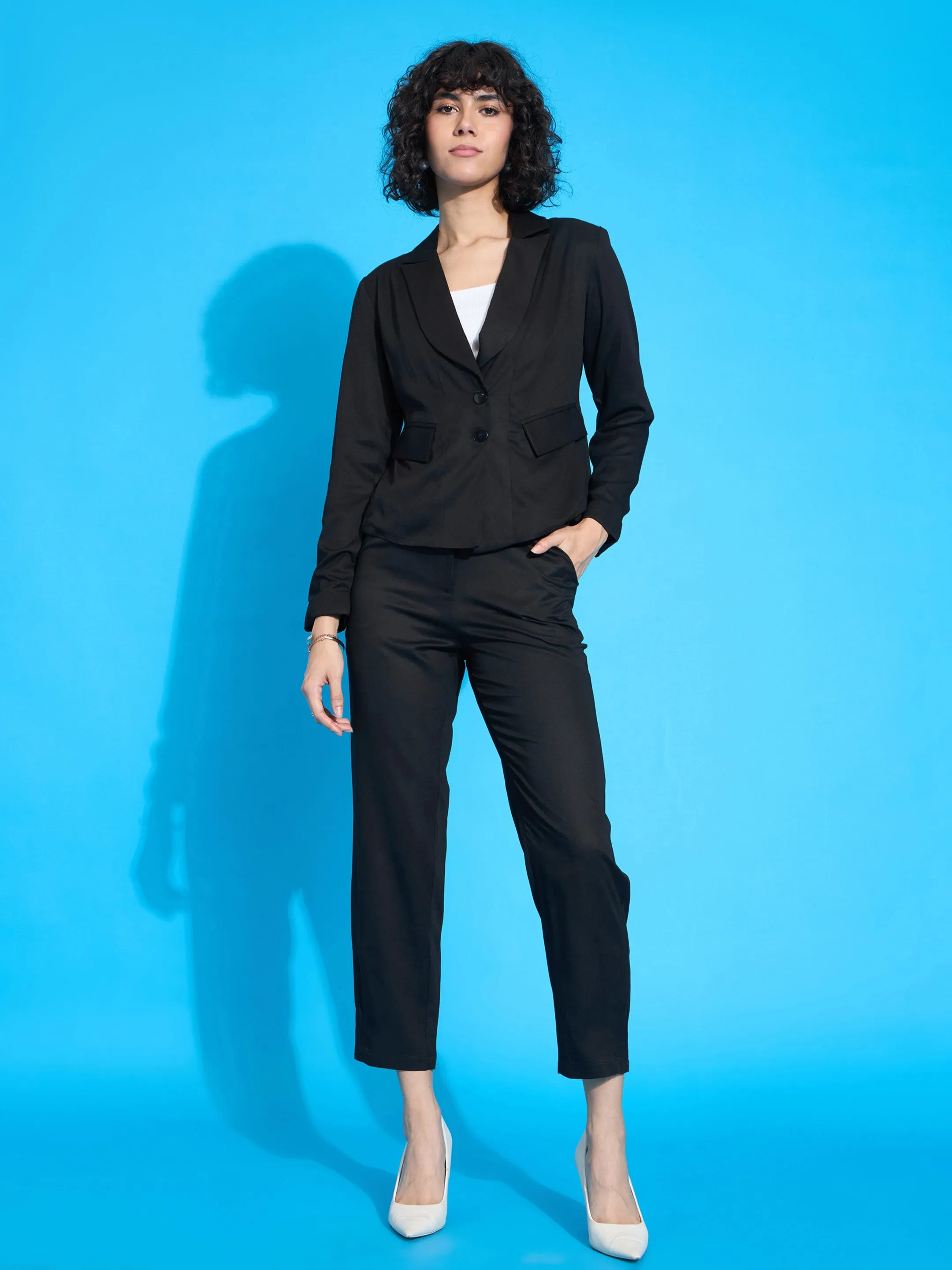 Women Black Rayon Tencil Blazer With Pants