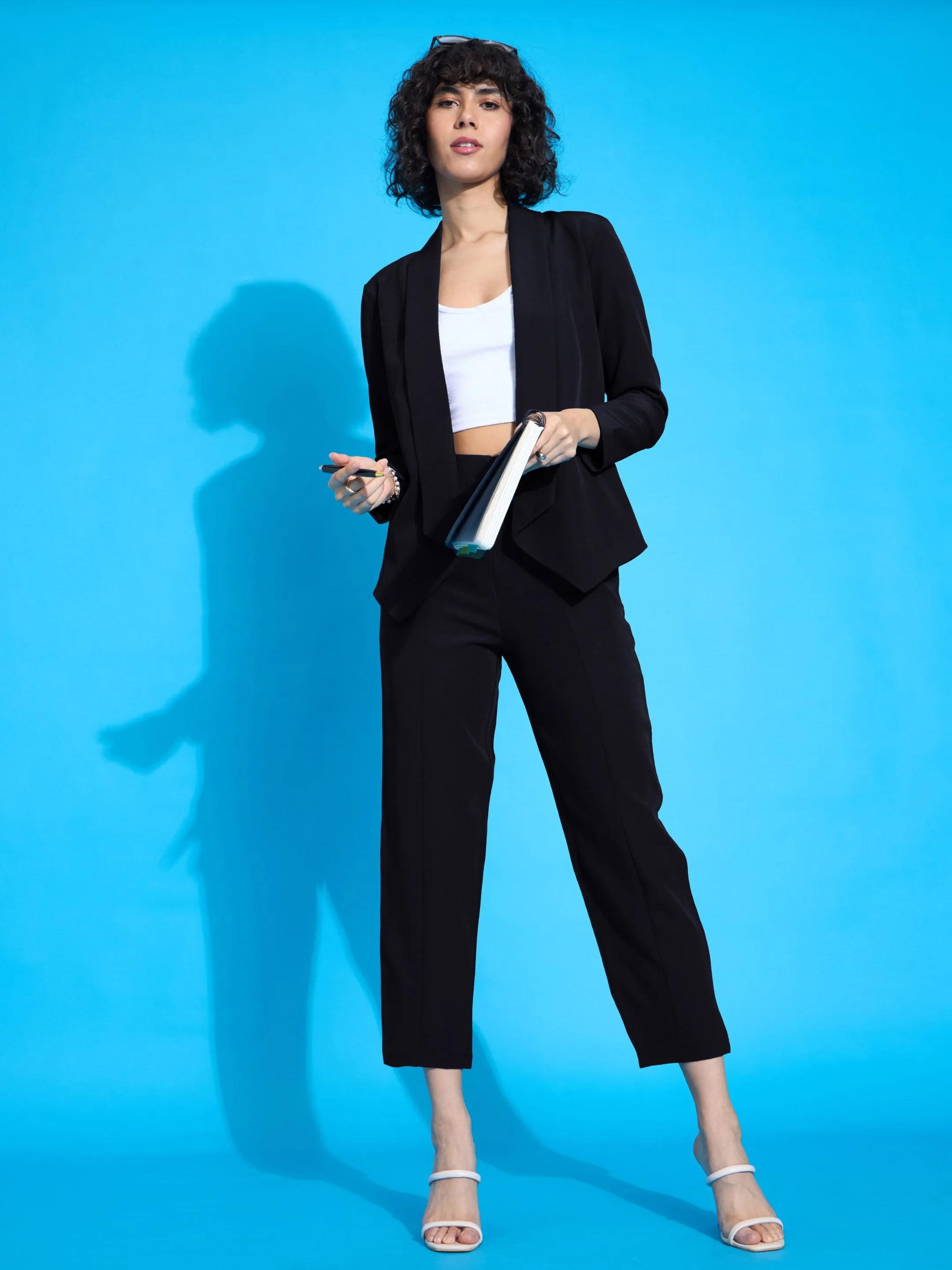 Women Black Shawl Collar Blazer With Balloon Fit Pants