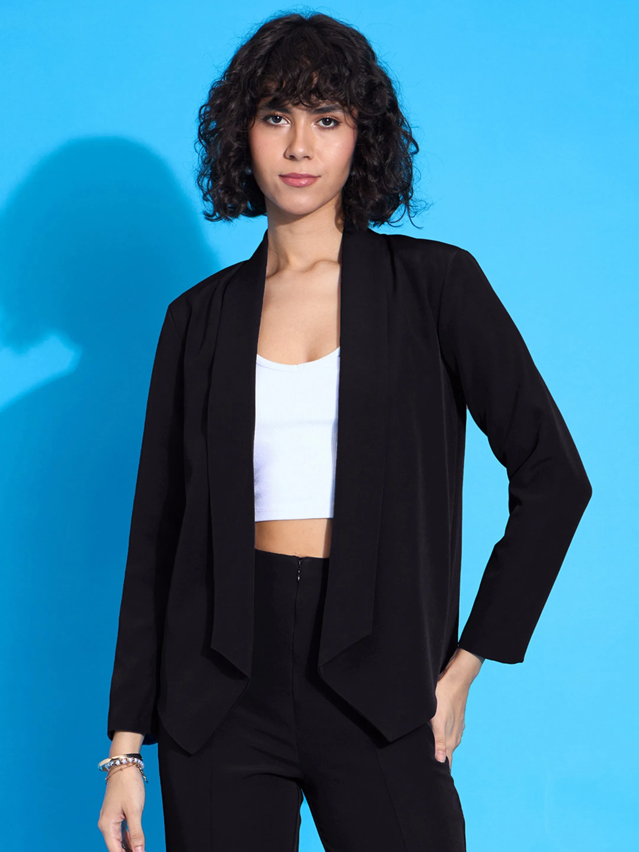 Women Black Shawl Collar Front Open Blazer