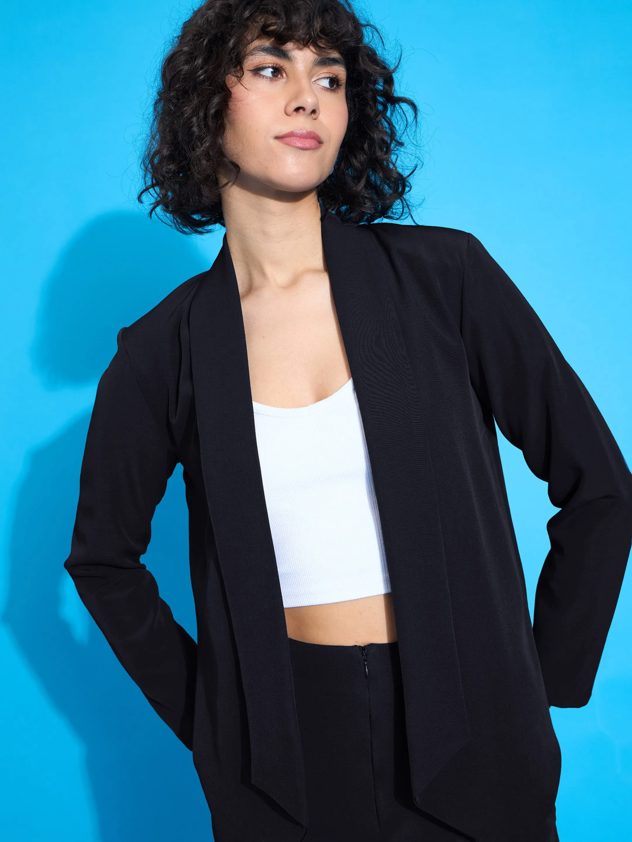 Women Black Shawl Collar Front Open Blazer