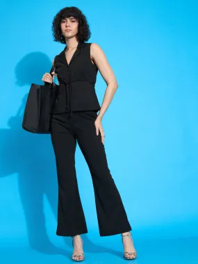 Women Black Sleeveless Tie-Up Blazer With Bell Bottom Pants