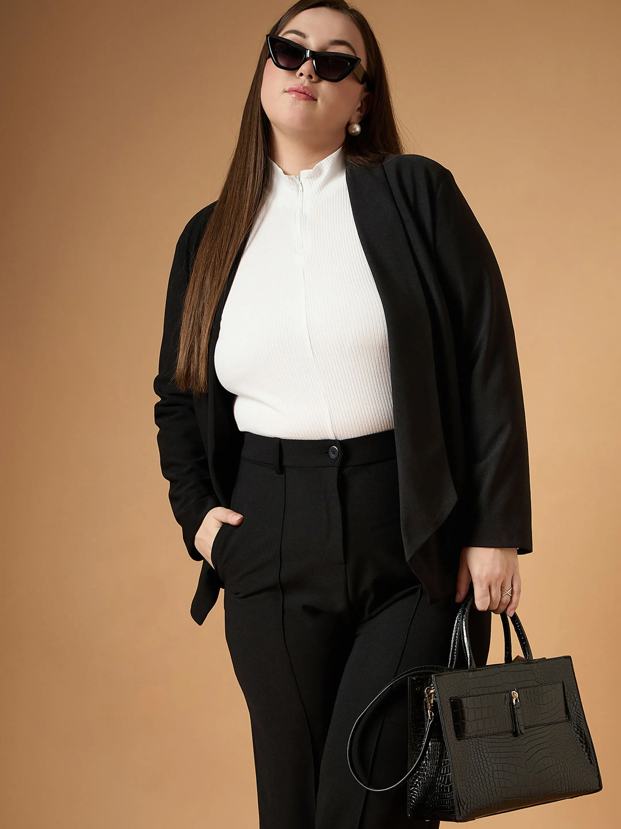 Women Black Solid Shawl Collar Blazer With Straight Pants