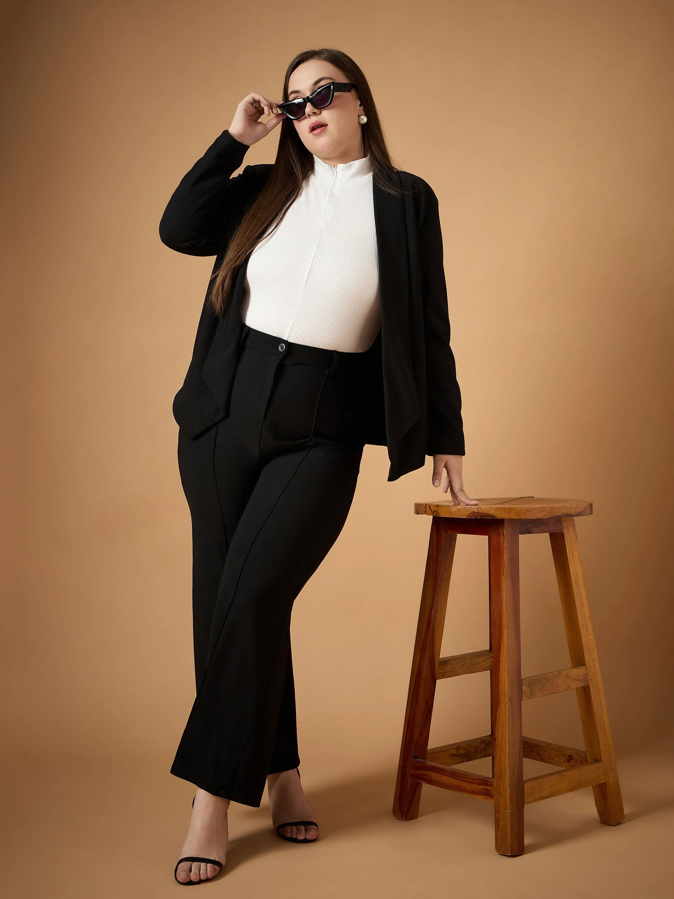 Women Black Solid Shawl Collar Blazer With Straight Pants