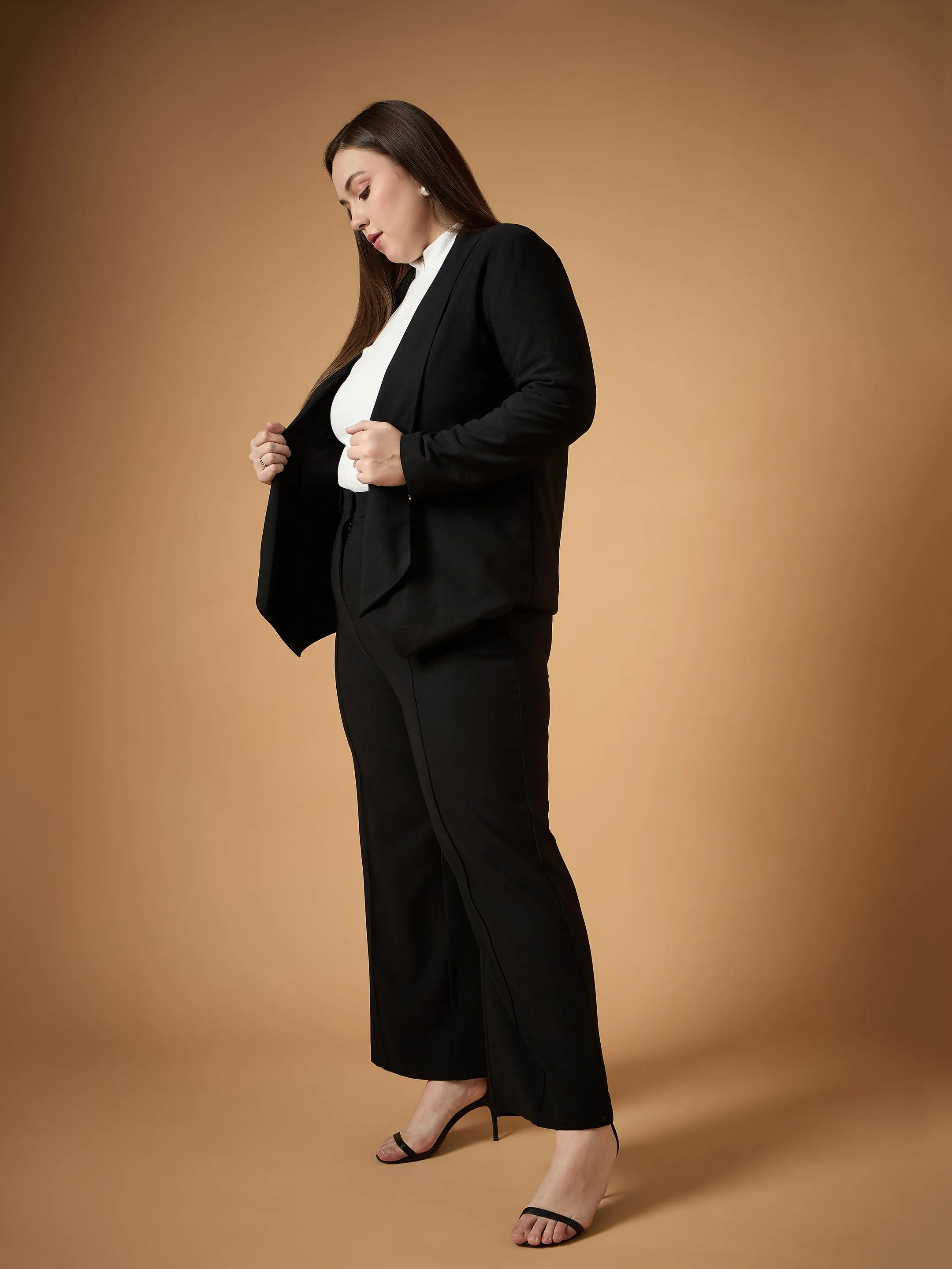 Women Black Solid Shawl Collar Blazer With Straight Pants