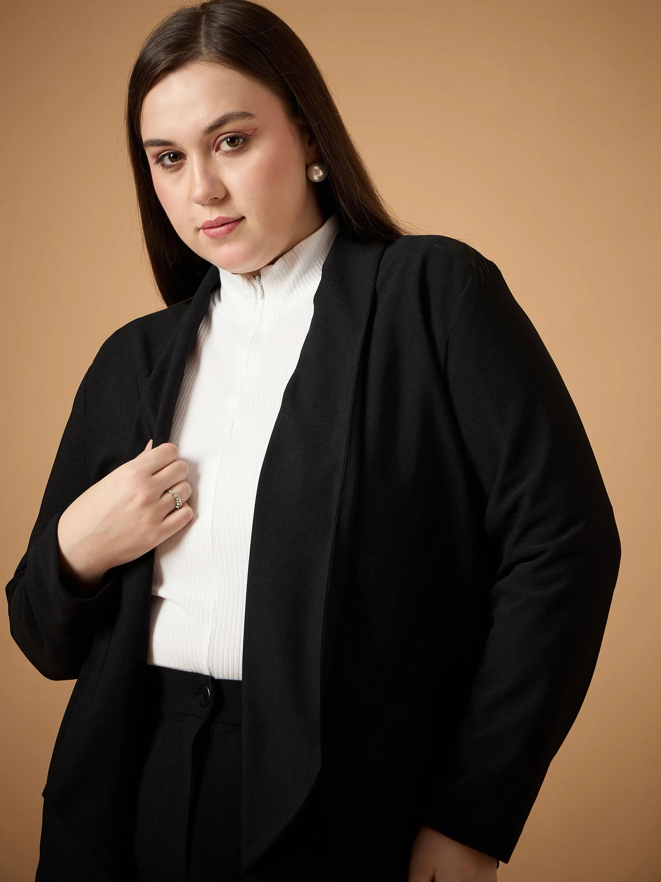 Women Black Solid Shawl Collar Blazer With Straight Pants