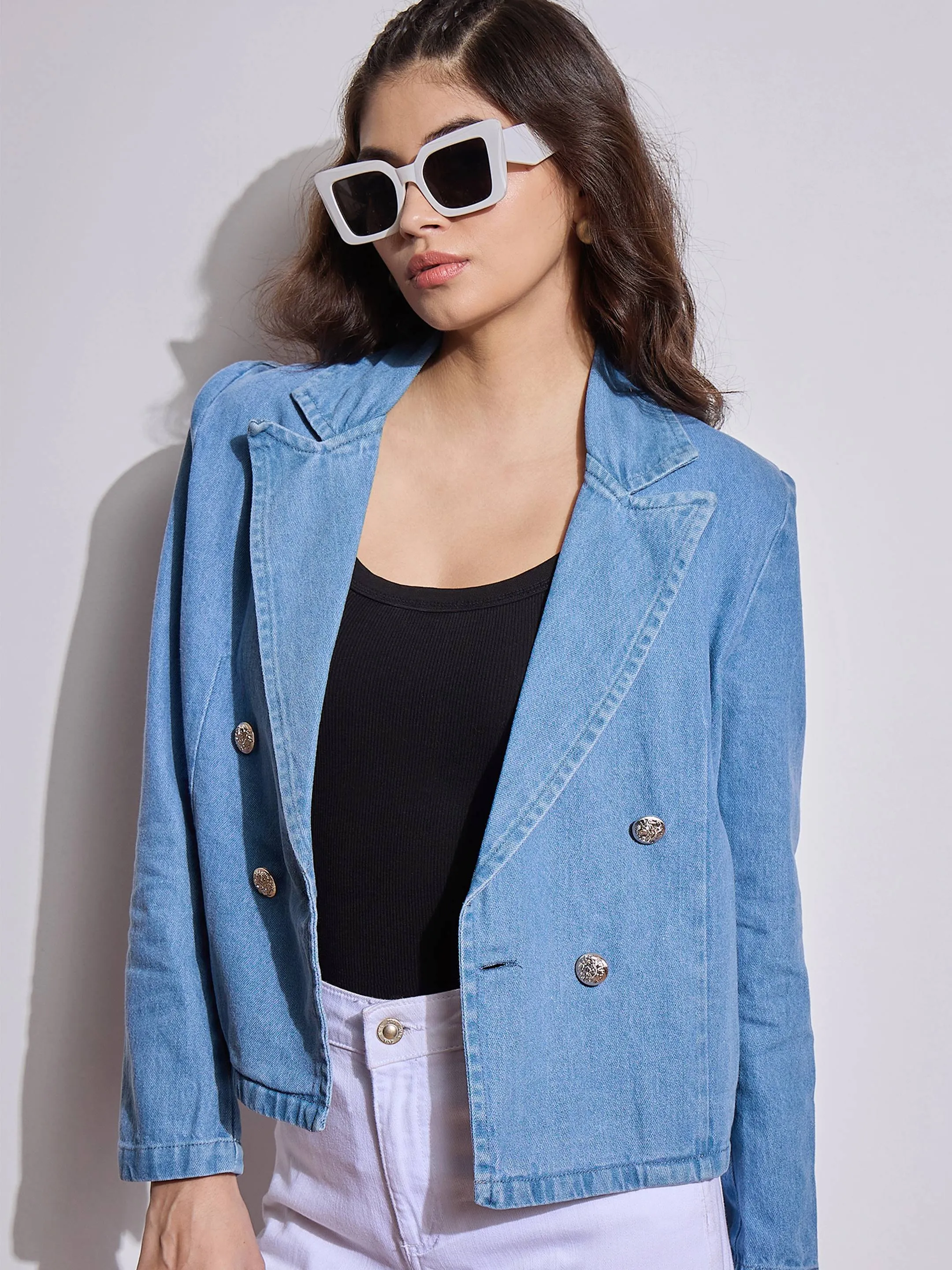 Women Blue Denim Front Button Notch Collar Crop Blazer