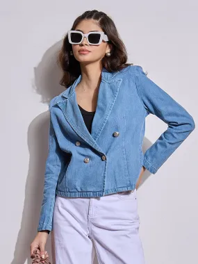 Women Blue Denim Front Button Notch Collar Crop Blazer