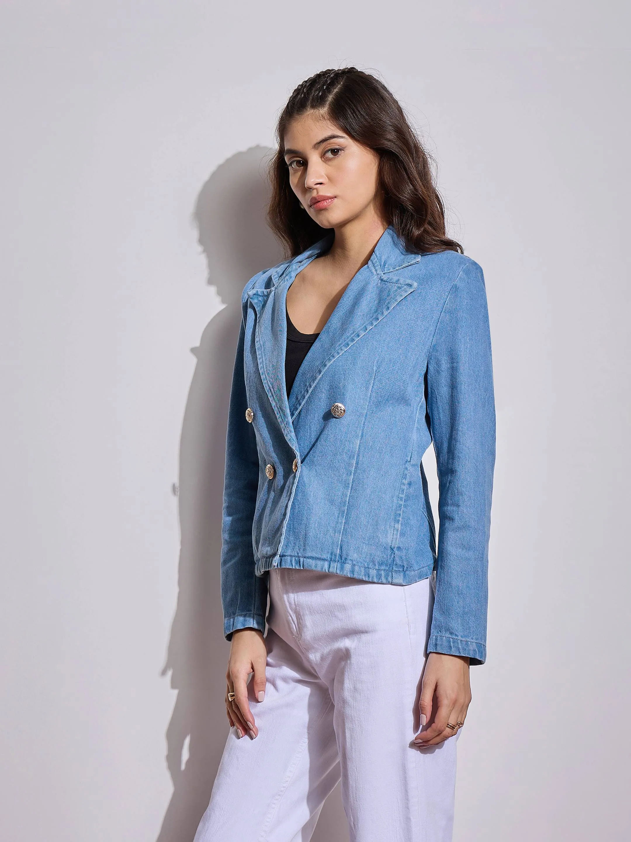 Women Blue Denim Front Button Notch Collar Crop Blazer