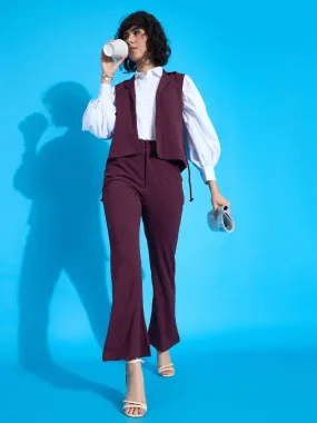 Women Burgundy Sleeveless Tie-Up Blazer With Bell Bottom Pants