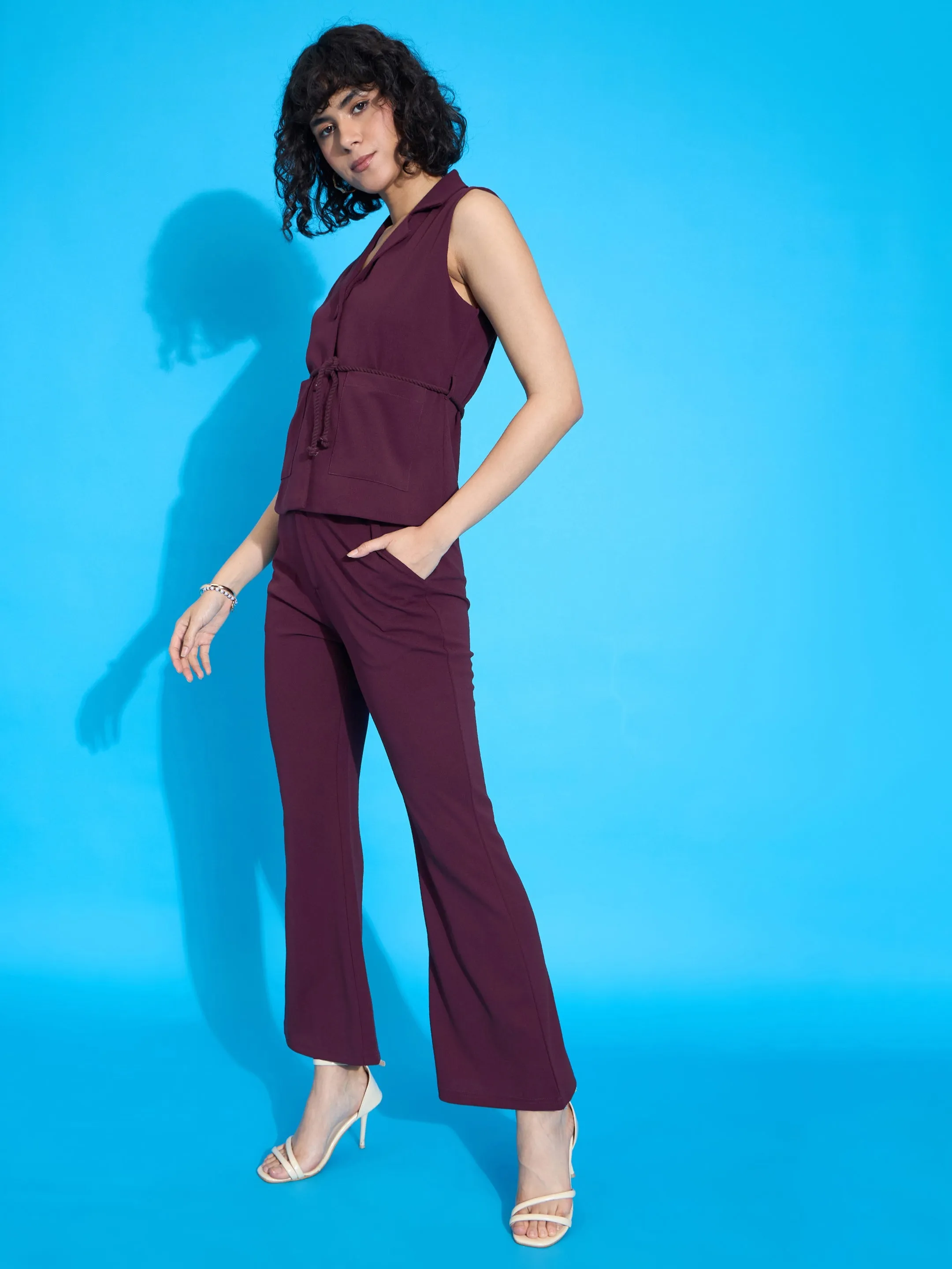 Women Burgundy Sleeveless Tie-Up Blazer With Bell Bottom Pants