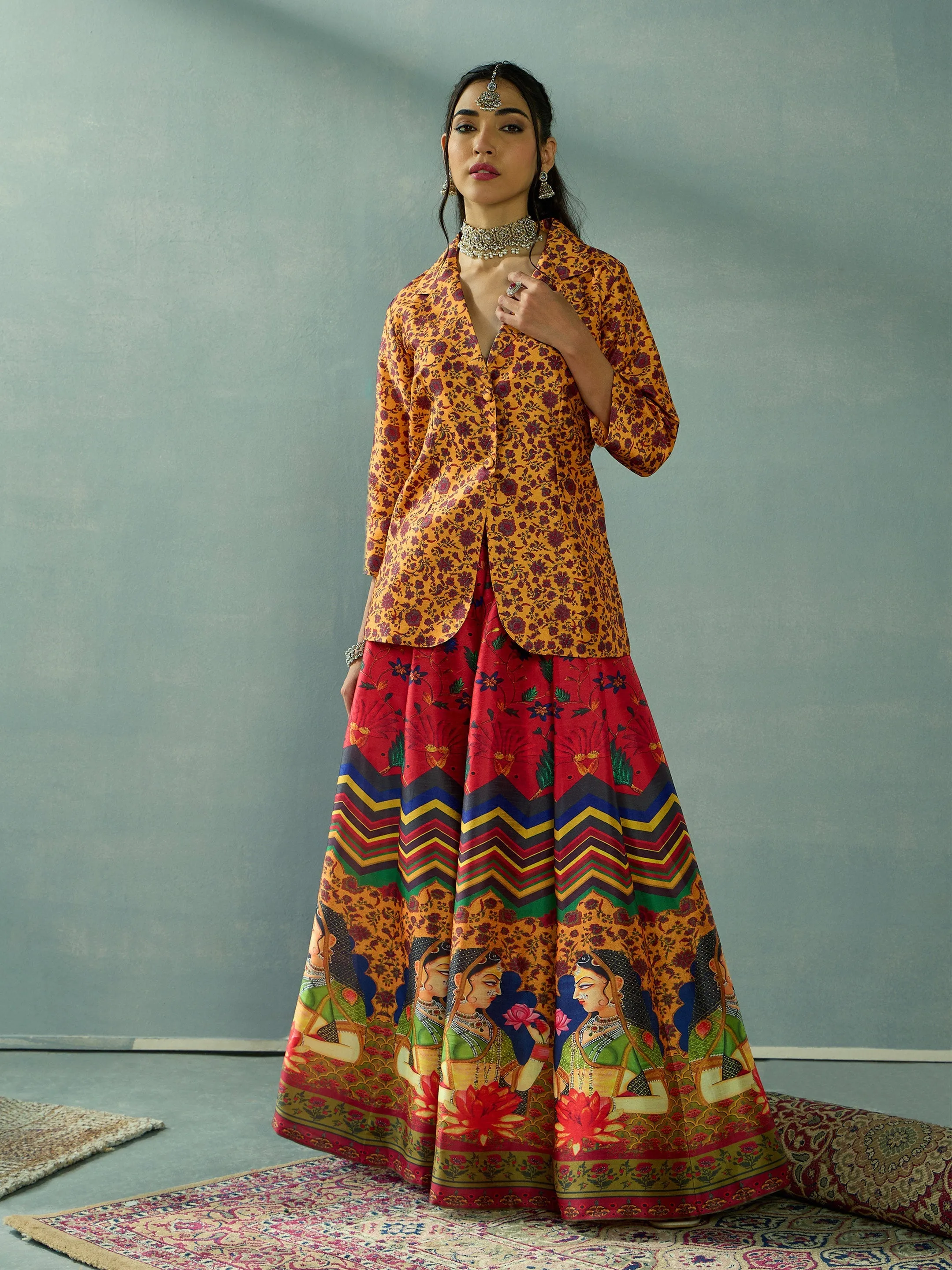 Women Mustard Multi Floral Blazer Top With Anarkali Skirt