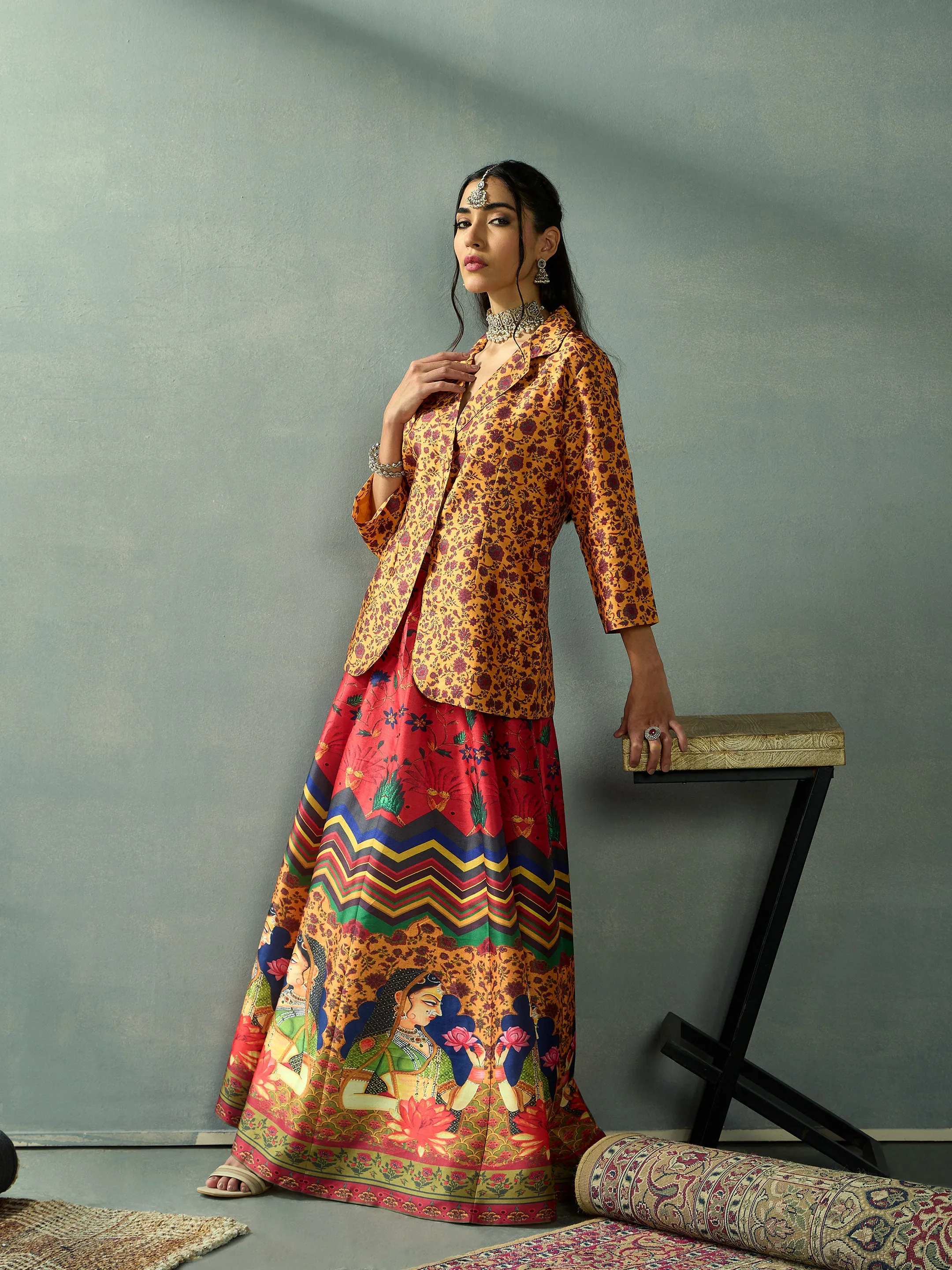 Women Mustard Multi Floral Blazer Top With Anarkali Skirt