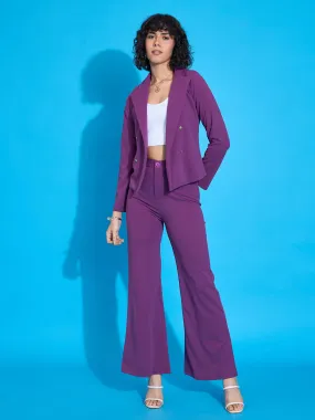 Women Purple Single-Breasted Blazer With Bell Bottom Pants