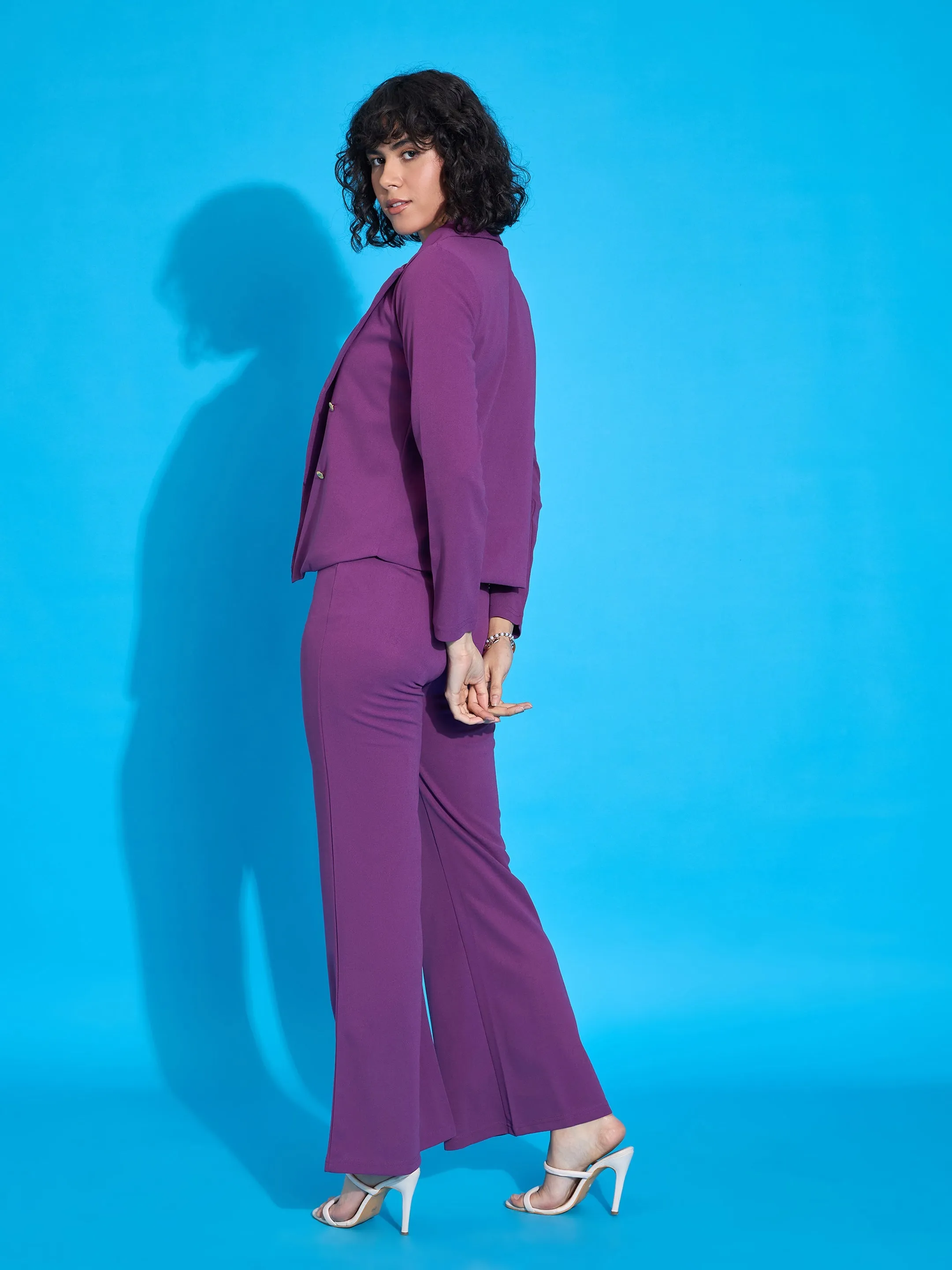 Women Purple Single-Breasted Blazer With Bell Bottom Pants