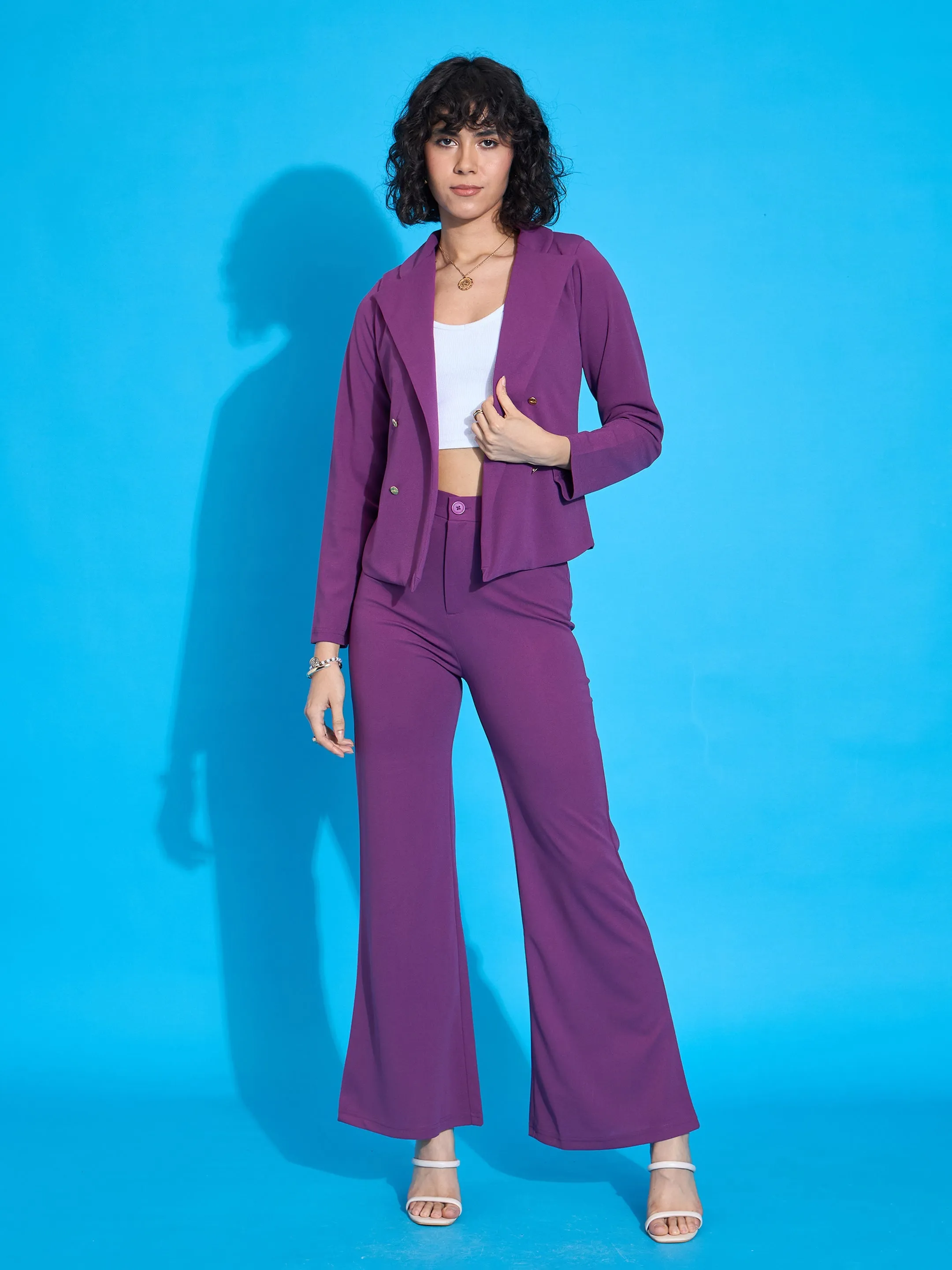 Women Purple Single-Breasted Blazer With Bell Bottom Pants