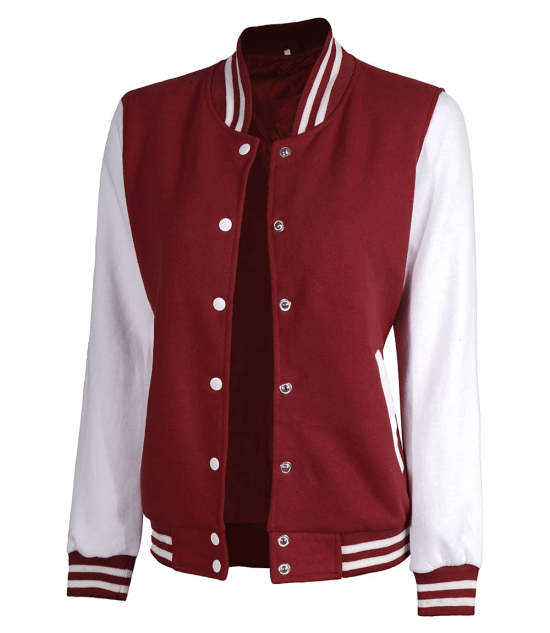 Women's Maroon and White Varsity Jacket - Baseball Style