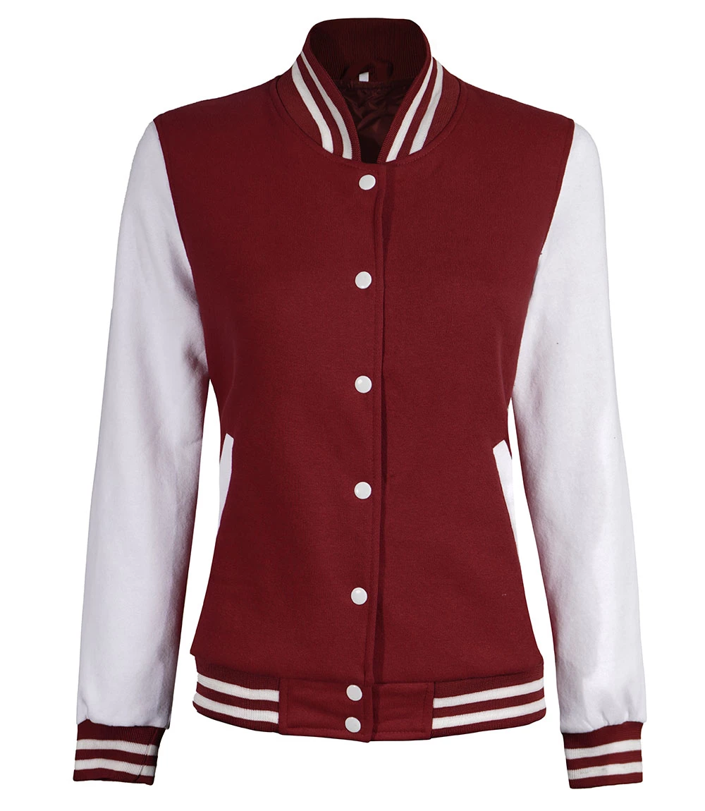 Women's Maroon and White Varsity Jacket - Baseball Style