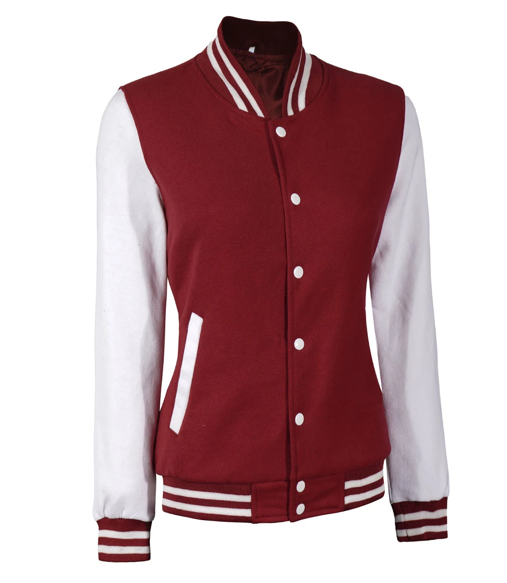 Women's Maroon and White Varsity Jacket - Baseball Style