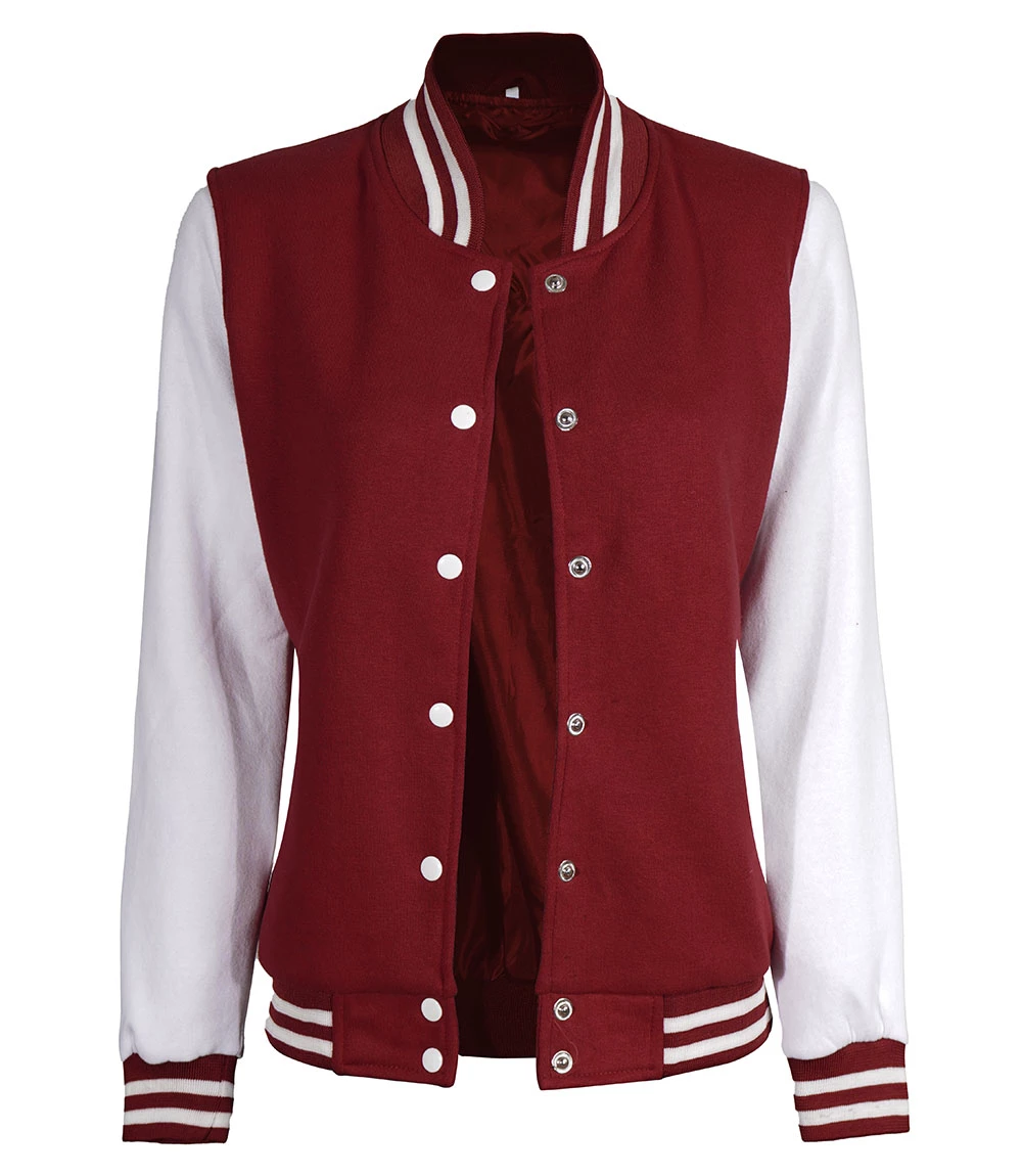 Women's Maroon and White Varsity Jacket - Baseball Style