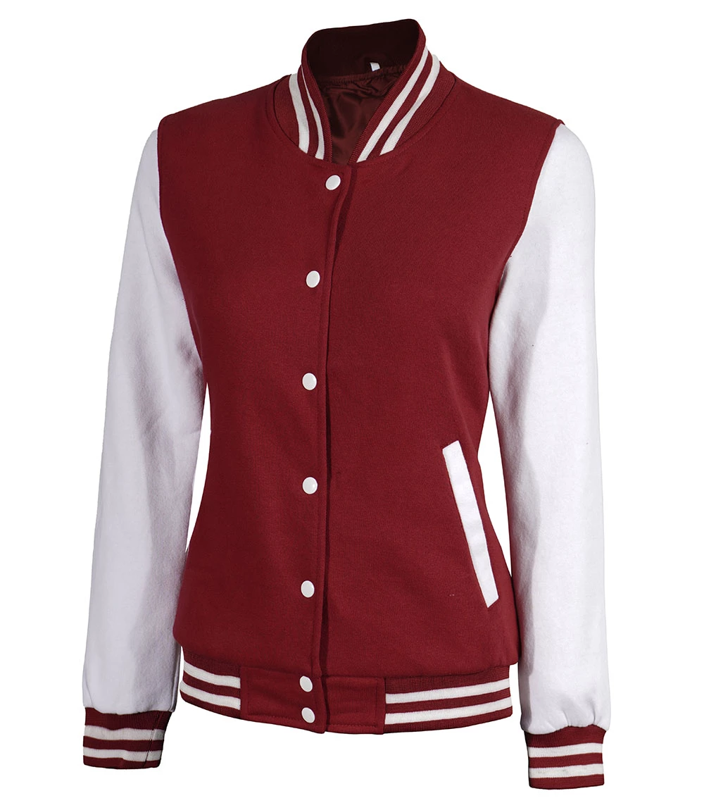 Women's Maroon and White Varsity Jacket - Baseball Style