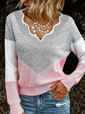 Women's Oversized V-Neck Crochet Knit Sweater in Blue, Khaki, or Dark Gray