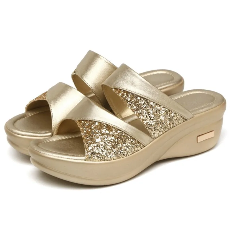 Women's Summer Concise Style Gold Open Toe High Wedge Slippers