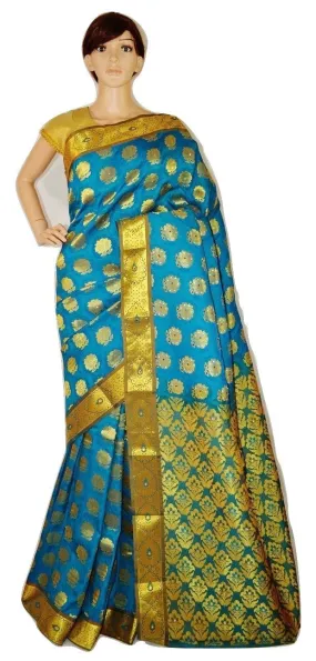 Woven Kanchipuram Silk Saree With Stone Work in Cerulean