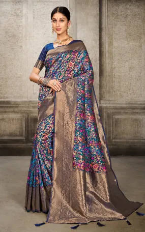 Woven Pashmina Silk Saree In Navy Blue with Antique Gold and Multicolored Minakari Thread Work