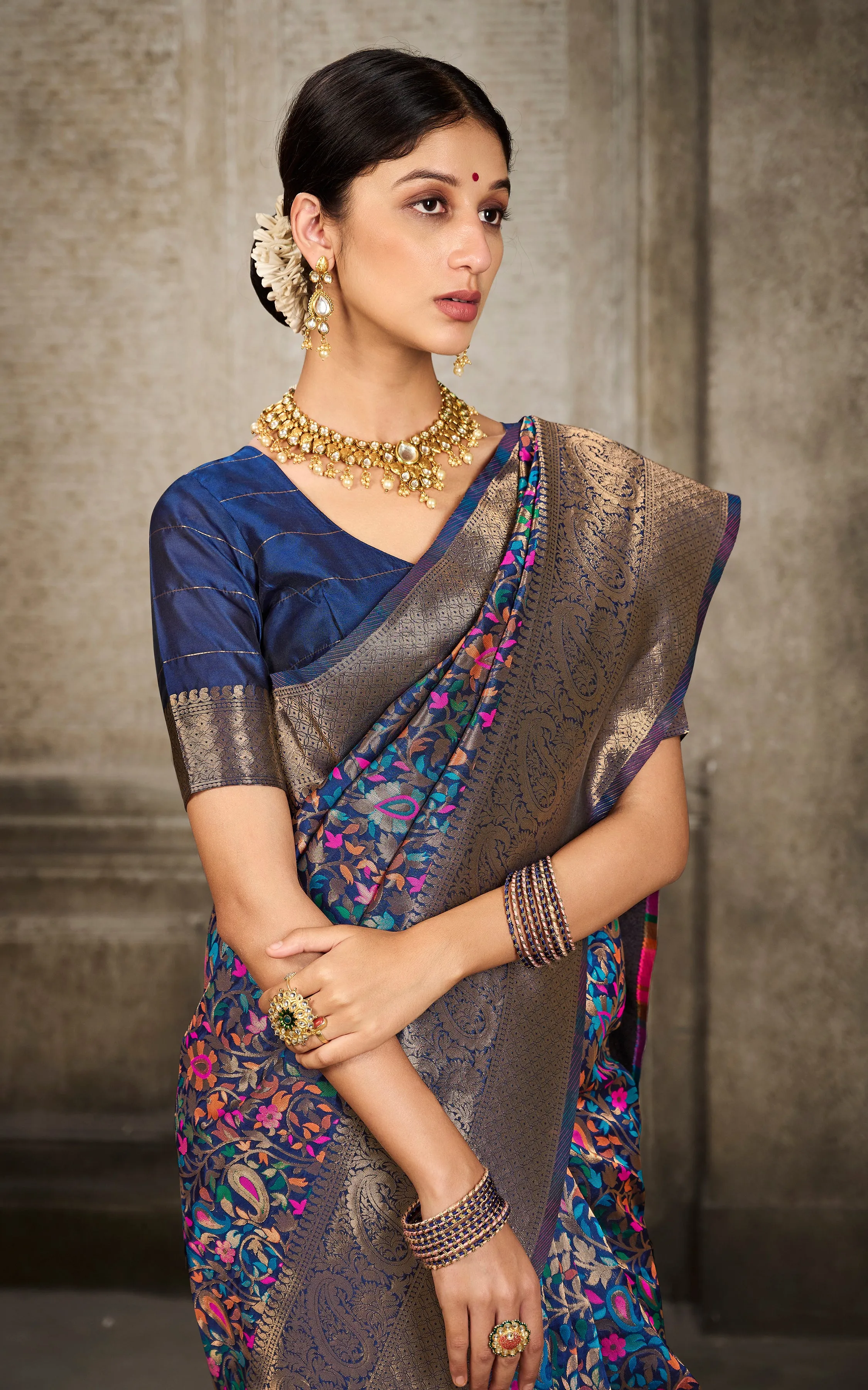 Woven Pashmina Silk Saree In Navy Blue with Antique Gold and Multicolored Minakari Thread Work